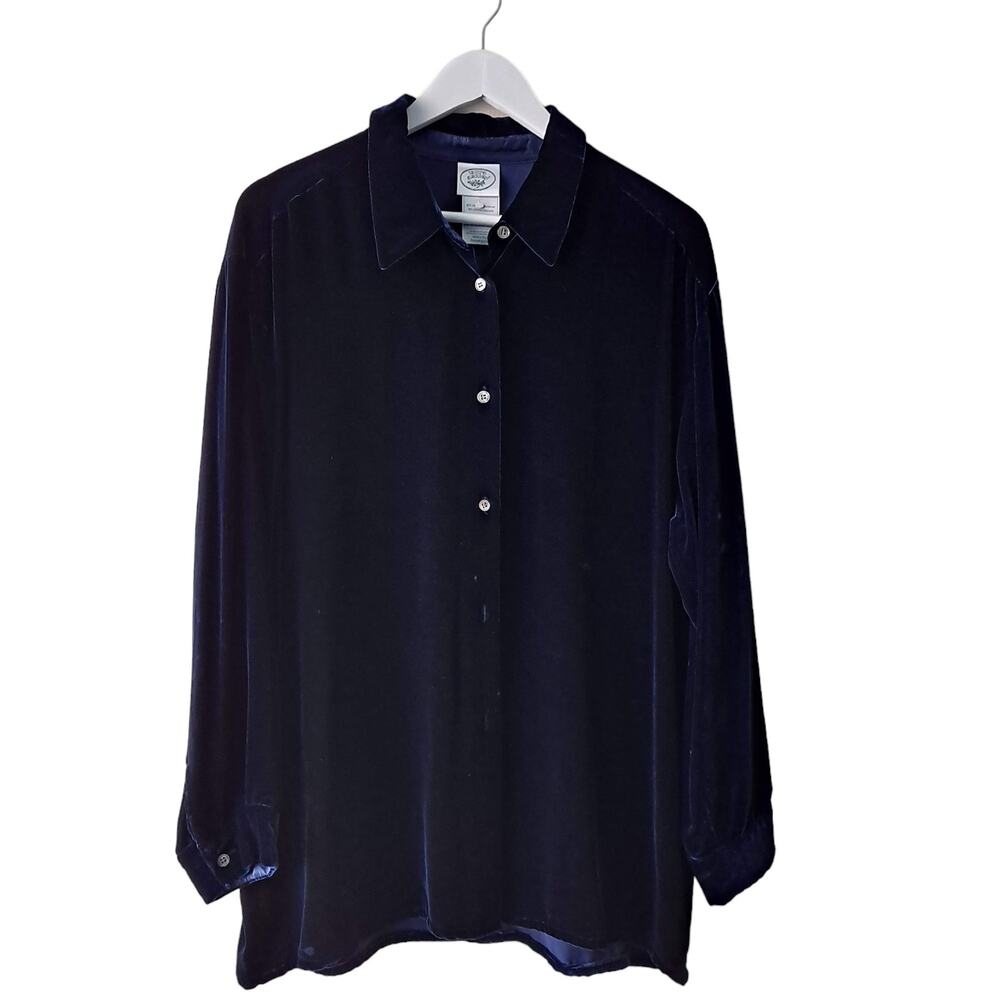 Laura Ashley Velvet Shirt Button Up Long Sleeve Collared Navy Blue Womens 12